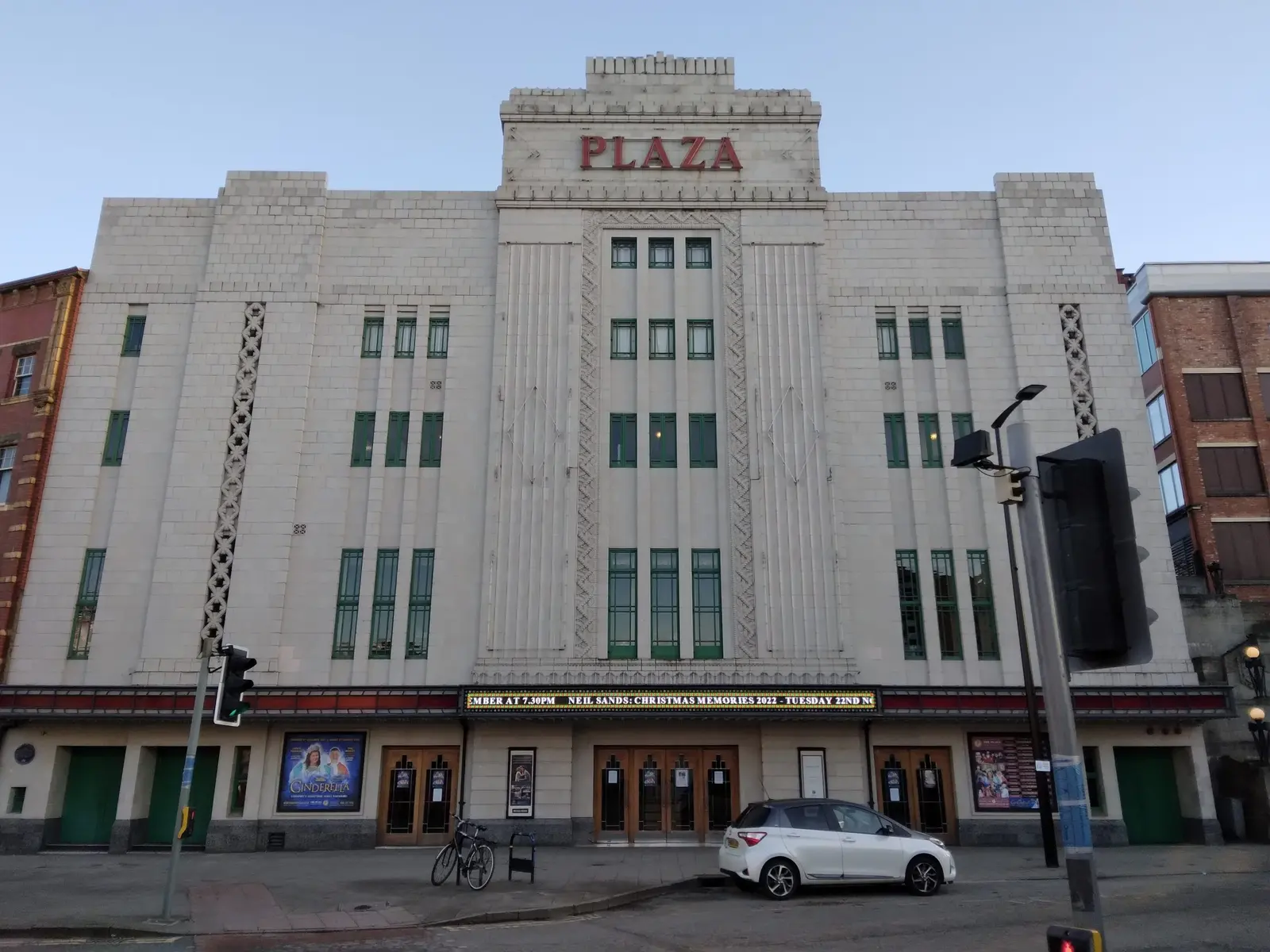 The Art Deco facade of Stockport Plaza cinema and theater.