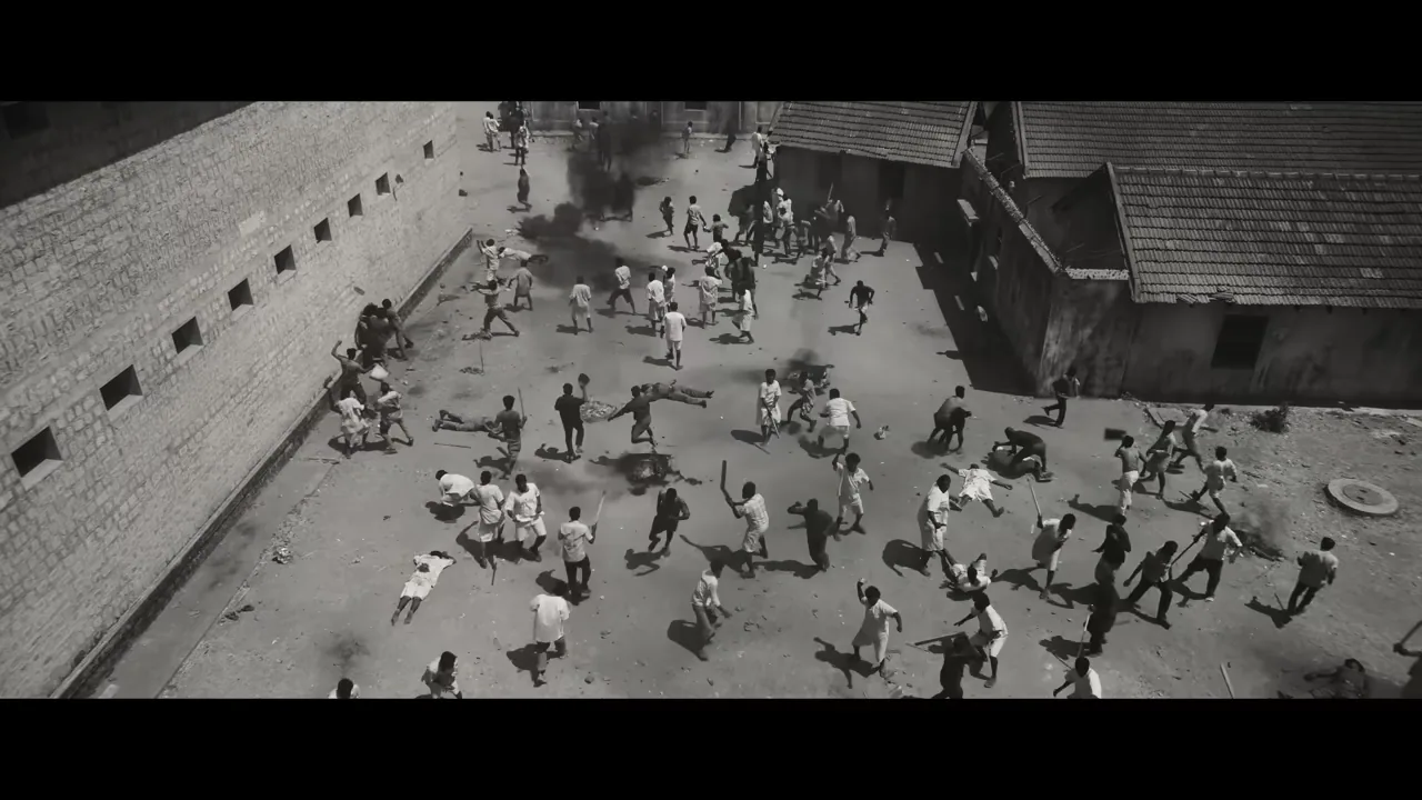 A scene from the prison riot sequence in Sorgavaasal (2024)