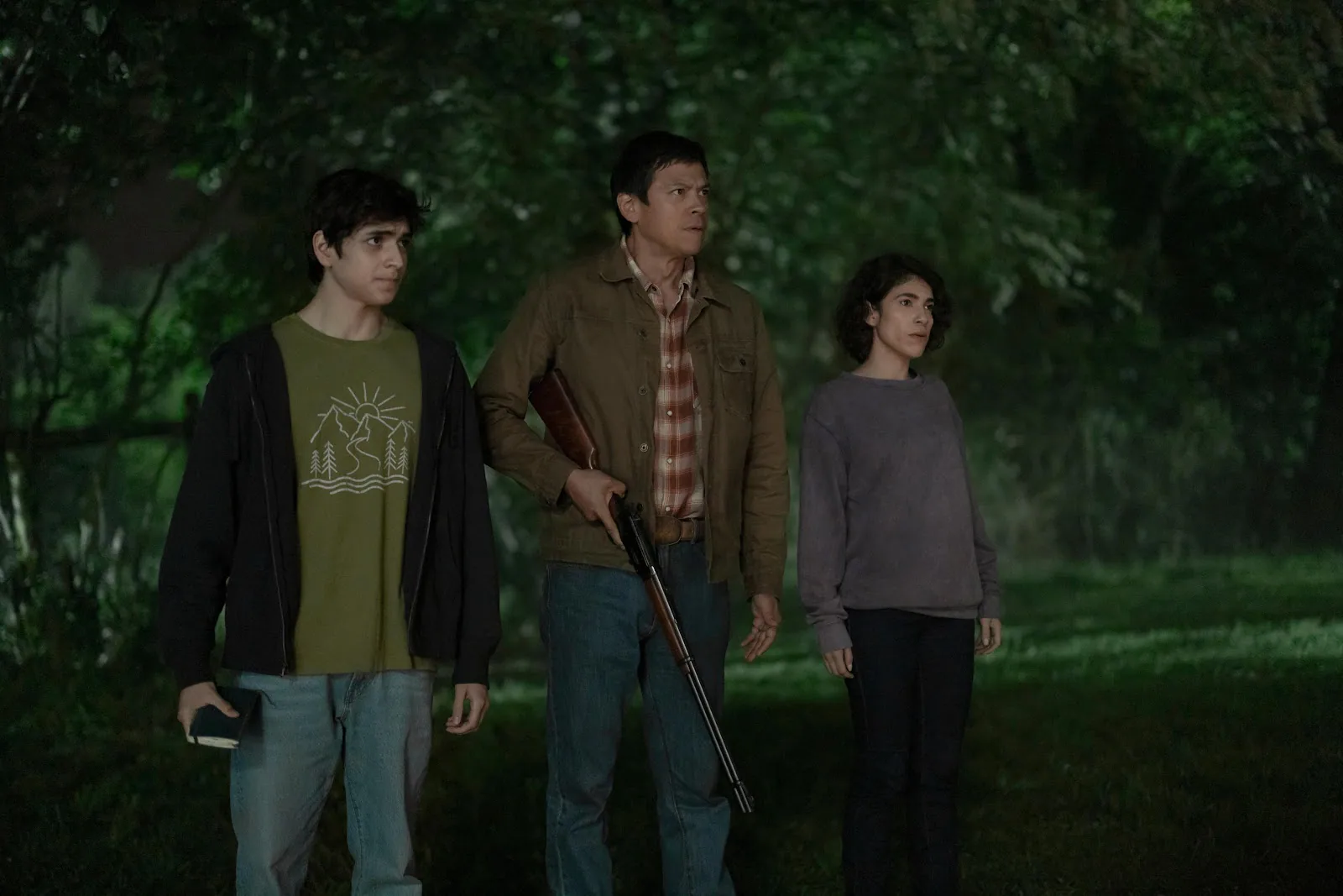 Luciano Leroux, Chaske Spencer, and Diany Rodriguez as the Shanley family in Teacup