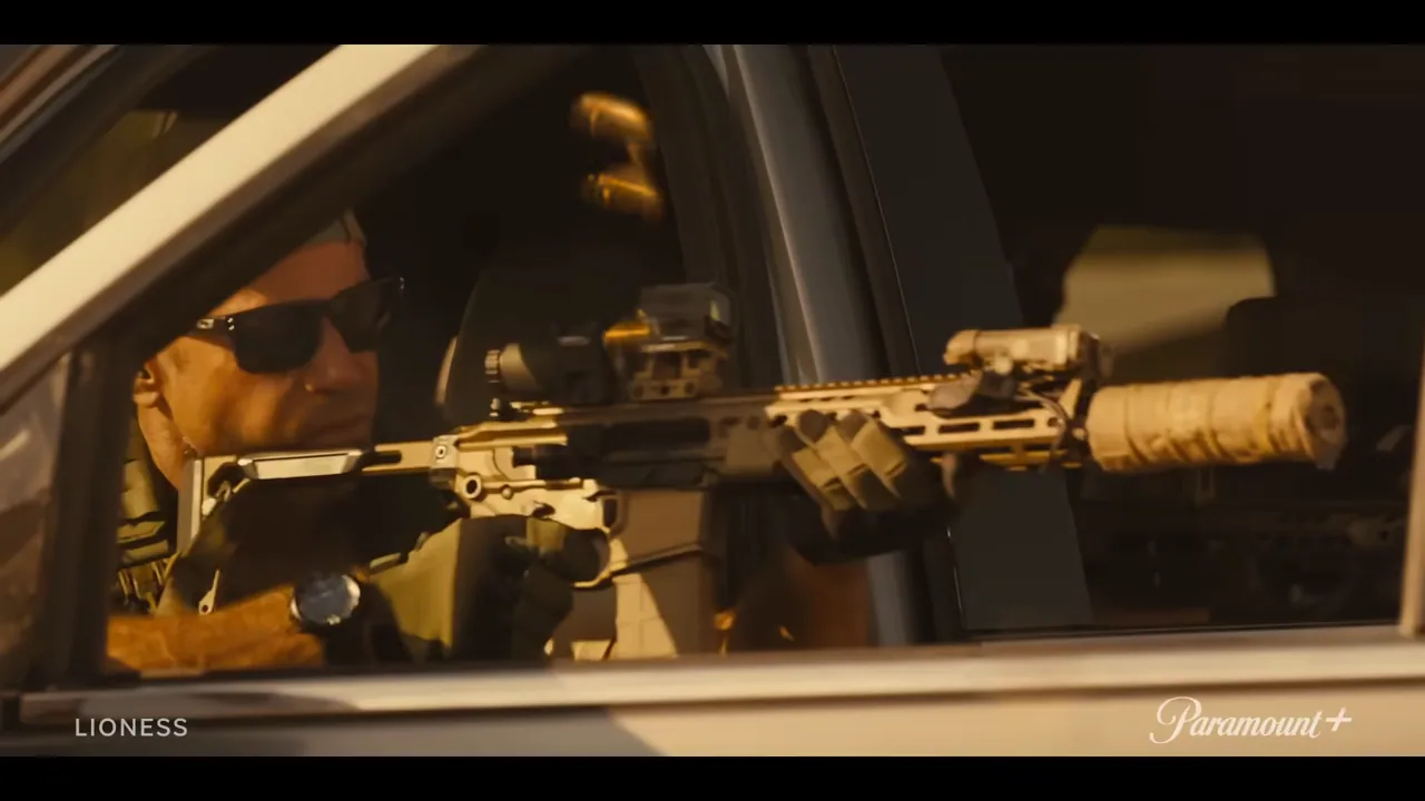 Zoe Saldana as CIA officer Joe McNamara in a tense scene from Lioness Season 2